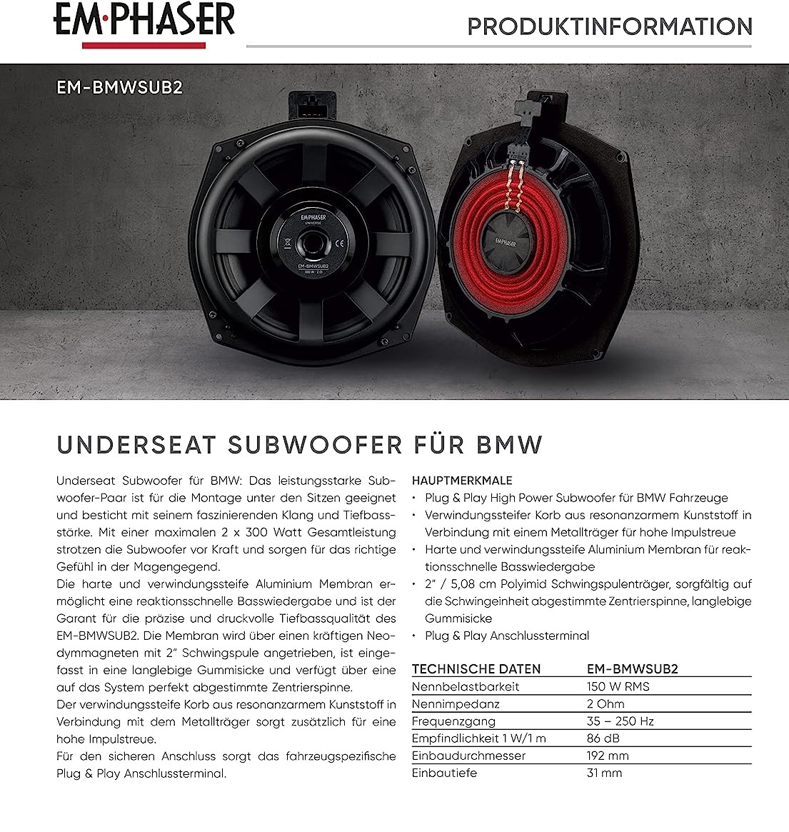 EMPHASER EM-BMWSUB2 Plug & Play 20 cm / 8" Untersitz Subwoofer kompatibel mit BMW Fahrzeugen E6x, E7x, E8x, E9x, F0x, F2x, F3x, F4x, F5x, F8x, G11, G12, G30, G31, G38, I8 und dem Mini F5x, F60, R60, R61 - 1 Paar  &nbsp;